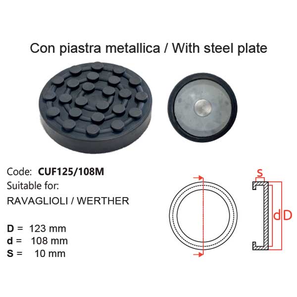 Tampone a cuffia con piastra metallica - CUF125/108M - Per sollevatori modello: RAVAGLIOLI, WERTHER Tampone a cuffia con piastra metallica - CUF125/108M - Per sollevatori modello: RAVAGLIOLI, WERTHER